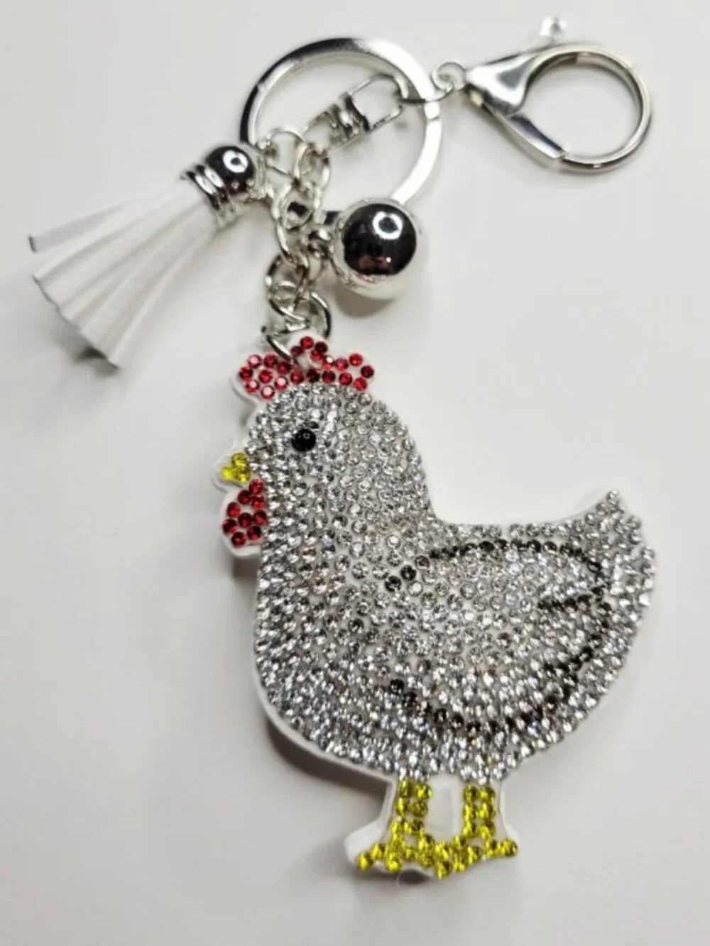 NWT Large Silver White Chicken Rooster Rhinestone Keychain Bag Charm And Tassel